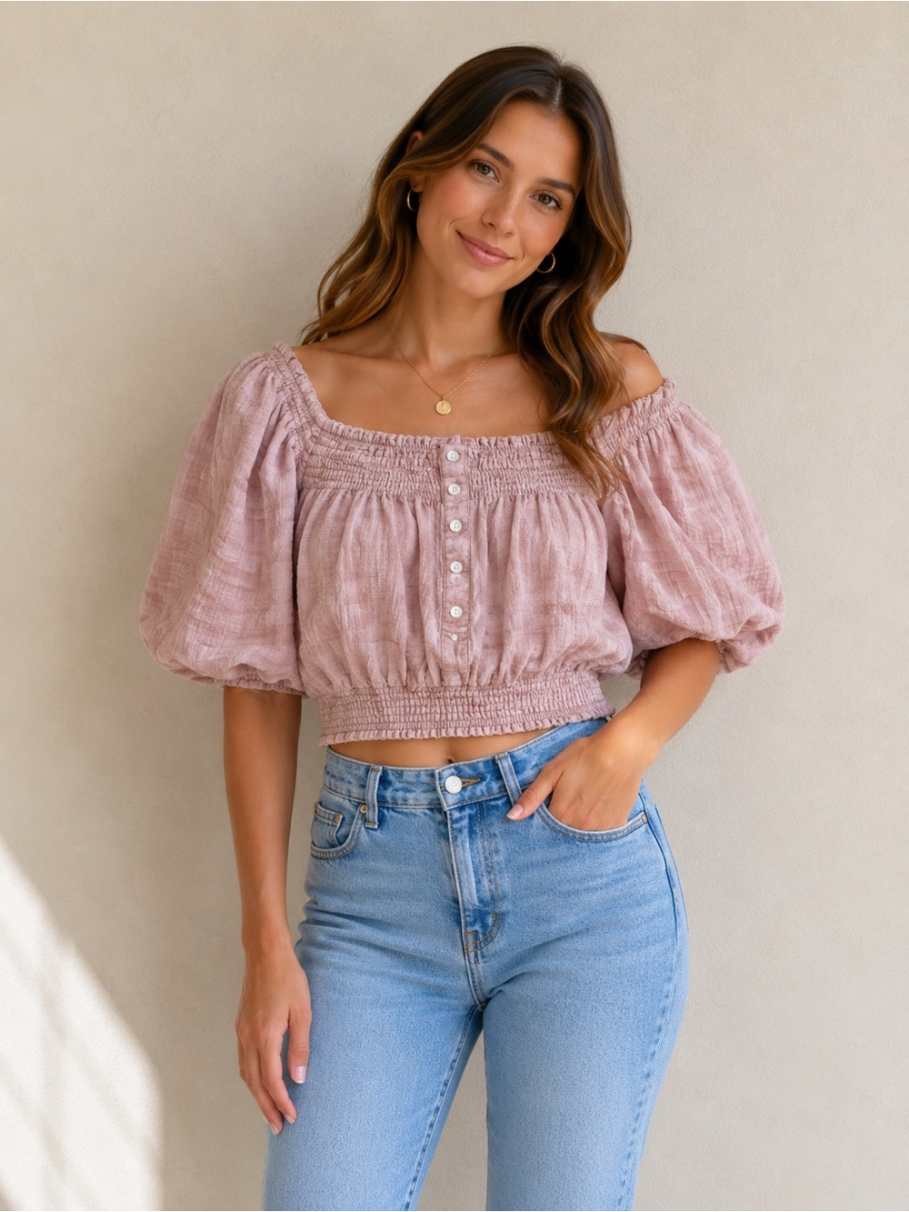 Smocked Off-Shoulder Puff Sleeve Top in Dusty Rose